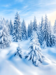 Naklejka premium Winter wonderland, snow-covered pine trees under a vibrant blue sky