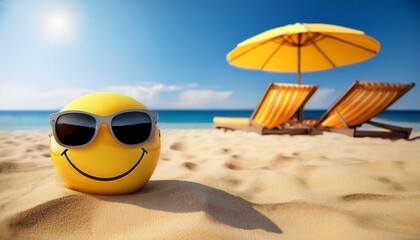 Obraz premium a yellow smiley wearing sunglasses lies on the sand near the sea a beach umbrella and sun loungers are in the background