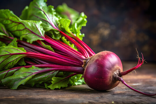 Fresh beetroot with vibrant greens on rustic wooden surface