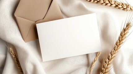 Fototapeta premium Blank greeting card mockup with envelope and wheat on a beige cloth background. Generative AI