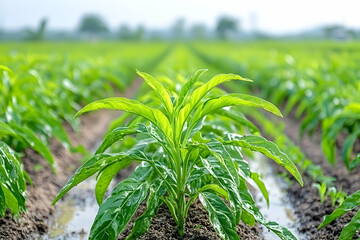 Obraz premium Young, vibrant plants in a neatly arranged agricultural field