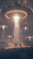 Mysterious Encounter: UFO Illuminating Night Sky Over Remote Landscape with Shadowy Alien Figures