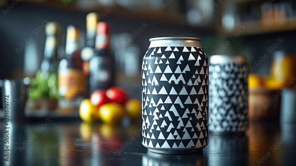 Poster a stylish beverage can features a black and white geometric pattern, set against a dark table. assor