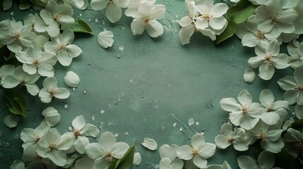 White flowers arranged on a textured teal colored surface