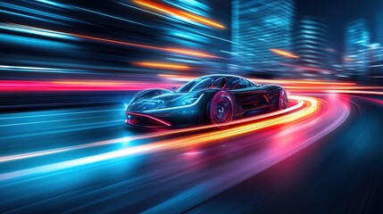 Futuristic sports car in motion through a vibrant city night.  Fast, sleek, electric vehicle, technology, urban, speed,  neon lights, dynamic