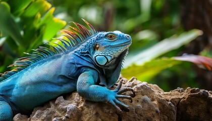 Obraz premium A bright blue iguana climbing rocky outcrops on a tropical island, its vivid color contrasting with the natural stone and lush greenery. 