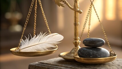A close-up of a golden balance scale with a light feather on one side and stacked black stones on the other. A symbolic representation of justice, balance, harmony, and contrasting weights.