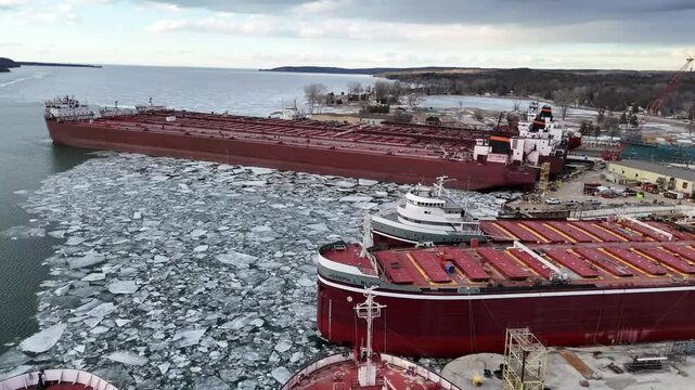 Large Great Lakes Freighters arrive at the Fincantieri Bay Ship Yard in Sturgeon Bay, Wisconsin for service and maintenance during the winter months.