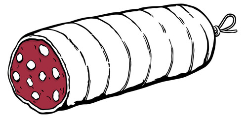 illustration black and white salami or sausage with red color with transparent background