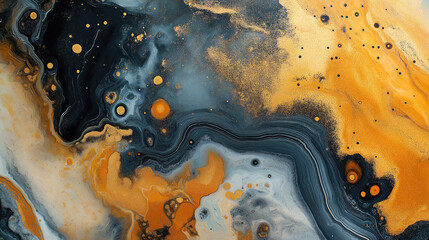 Fluid blue and gold paint creating abstract marble
