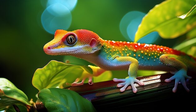 Brightly colored gecko climbing a vibrant green plant, detailed close-up showing tiny feet gripping the leaf in natural habitat.
