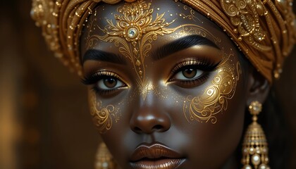 Stunning Portrait of a Black Woman with Intricate Golden Face Paint and Headwrap