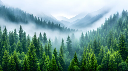 Misty mountain forest. Lush green trees, shrouded in a light mist, with rolling hills in the background