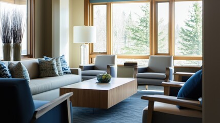 Modern minimalist living room with dark blue, turquoise and grey accents