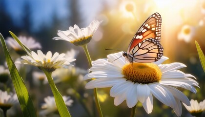 Fototapeta premium Butterfly with delicate pastel wings resting on white daisy petals, soft natural colors, peaceful garden scene, close-up of gentle insect. 