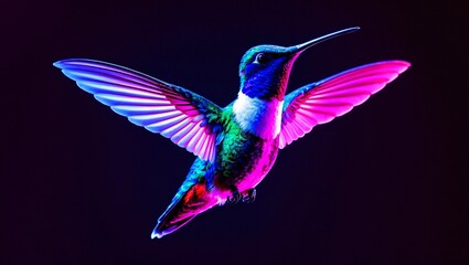 Obraz premium Vibrant neon hummingbird in dynamic flight against darkness
