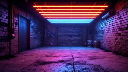 Vibrant neon lights illuminate grunge underground dance club