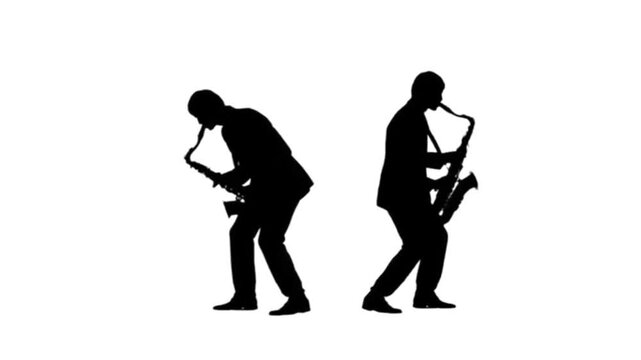 Two male musicians playing saxophone in slow motion. Black silhouette	