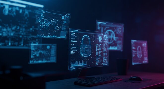 Data Security Monitoring Cyber Security Concept with Digital Screens
