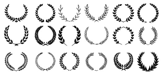 circular laurel wreath icon set symbolizing victory, achievement, and honor. Perfect for awards, certificates, competition emblems, heraldic decorations, and success-themed designs. Vector illustratio