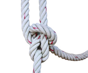 Thick nylon rope tied into a knot on transparent background.