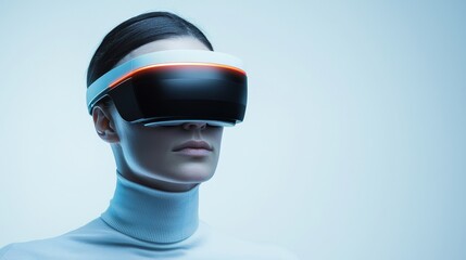 Science performance efficiency improvement concept. Person wearing virtual reality headset against a minimalist background.