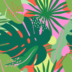 Abstract seamless pattern with tropical leaves. Colorful summer background with monstera and palm leaves. Simple design concept for print, wrapping paper, textile, wallpaper. Flat minimal illustration