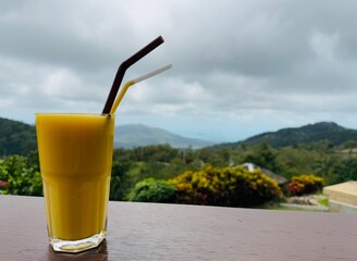 A glass of freshly squeezed orange juice set against a backdrop of tropical mountains and lush greenery. A refreshing and vibrant composition capturing the essence of nature and vitality.