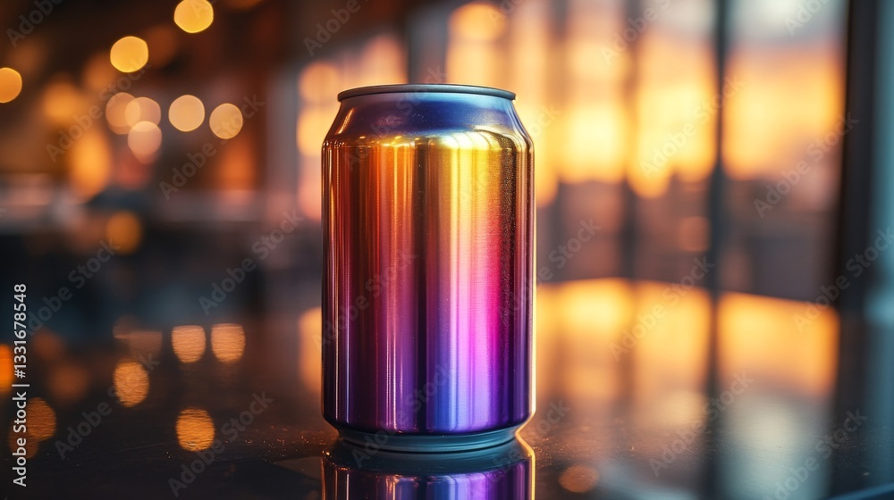 Poster A vibrant beverage can displays a gradient of colors, resting on a glossy surface. The warm hues of the sunset enhance the scene while creating a soft bokeh effect.