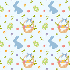 Cute Easter seamless pattern with Easter eggs, baskets, bunnies and flowers. Suitable for posters, banners, wallpapers, invitations, covers, textiles and cards. Vector illustration