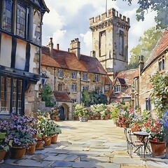 Obraz premium Sunlit Courtyard of a Historic English Town A Charming Watercolor Painting.