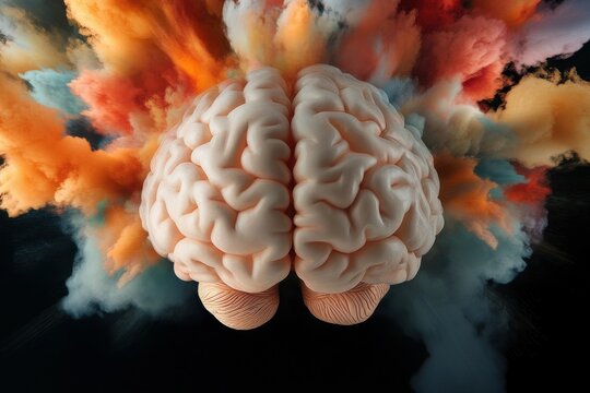Human brain exploding with colorful smoke, creative concept