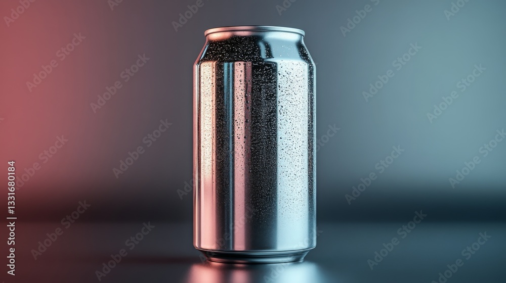 Leinwandbilder a shiny metallic can stands upright on a smooth surface, adorned with water droplets that catch the 