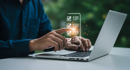 Digital checklist on laptop screen shows efficiency and organization