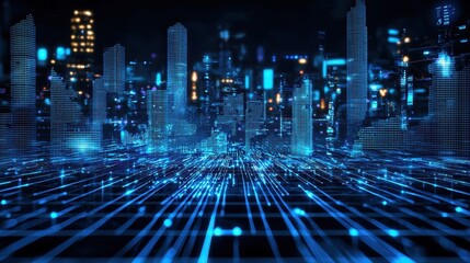 A futuristic digital cityscape with glowing blue grids and tall structures, representing technology and innovation in a virtual environment.