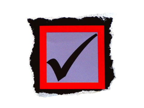 Check mark Symbol on pieces of torn or cut paper, design elements isolated on transparent background.