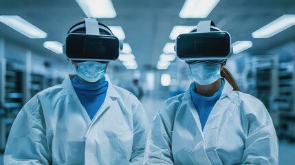 Two individuals wearing VR headsets and lab coats stand in a modern laboratory, emphasizing technology's role in research and innovation.