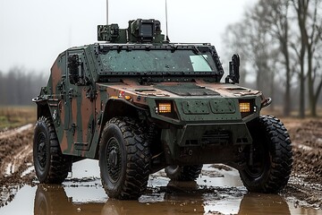 Fototapeta premium Military vehicle drives on muddy ground
