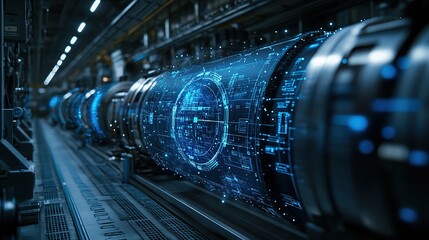 Futuristic industrial pipeline with digital overlay