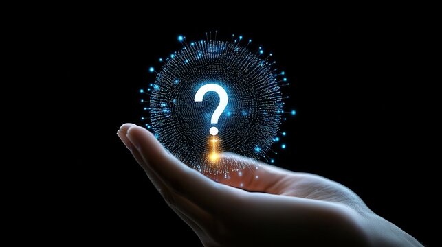 Fintech concept. A glowing question mark emerges from a hand, symbolizing curiosity, inquiry, and the quest for knowledge in a dark background.
