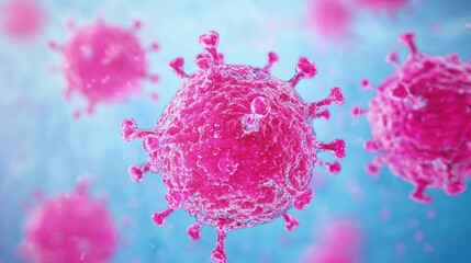 A vibrant, colorful illustration of a virus, showcasing its intricate structure with spikes against a soft blue background.