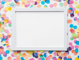 Photo frame mock up with space for text, with colorfull confetti on white background. Flat lay, top view.