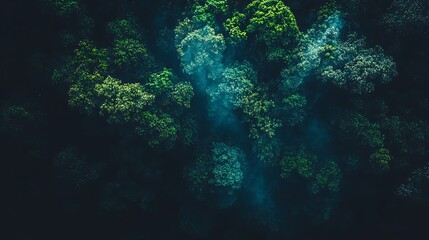 Obraz premium Fog in Trees Aerial view of forest with mist rising