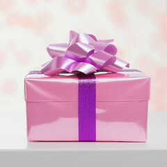 Gift on a white table. The gift is wrapped in shiny pink paper with a purple bow on top