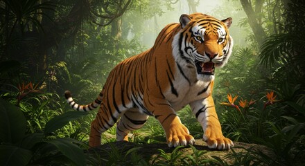 Fototapeta premium Tiger, roar, jungle, India, predator, animal, animal kingdom, CGI, 3d, illustration