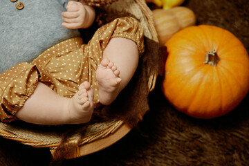 The feet of the baby in the basket with the orange pants, next to the pumpkin. 