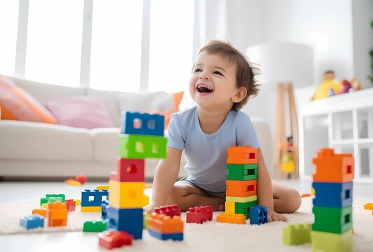 happy child playing with colorful building blocks