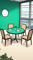 Green conference table scene for meetings, collaboration, & presentations. Large window view