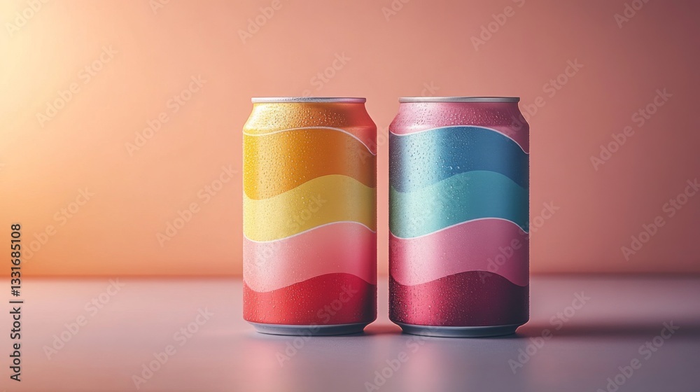 Poster Two soda cans with bright wave patterns sit on a smooth surface, glistening with condensation as soft morning light creates an inviting atmosphere around them.