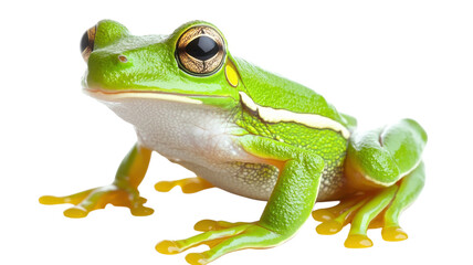 Fototapeta premium Bright green frog resting calmly on a plain background showcasing unique features and vibrant colors